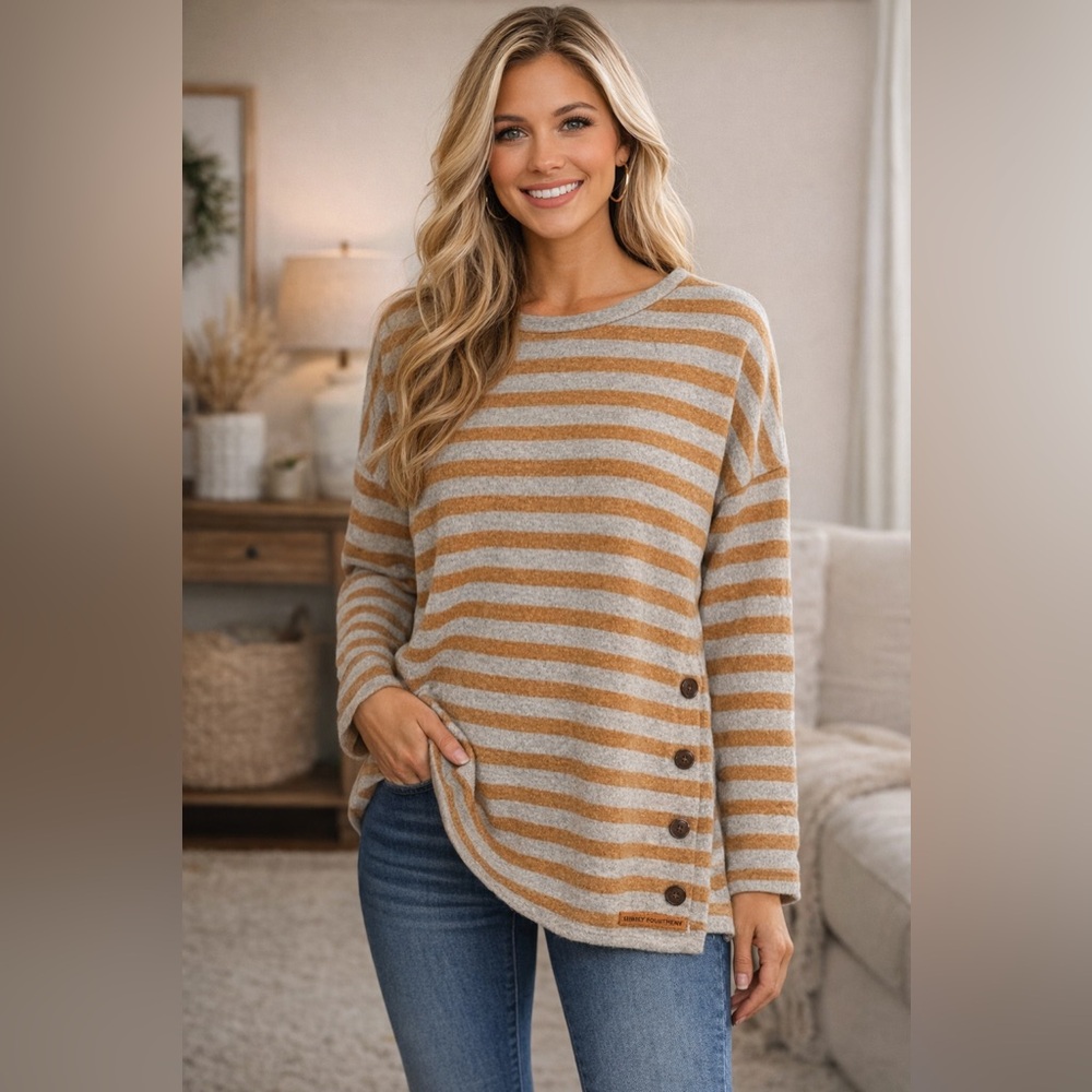 Simply Southern Striped Side Button Sweater Size L Camel/Gray Soft Casual Top